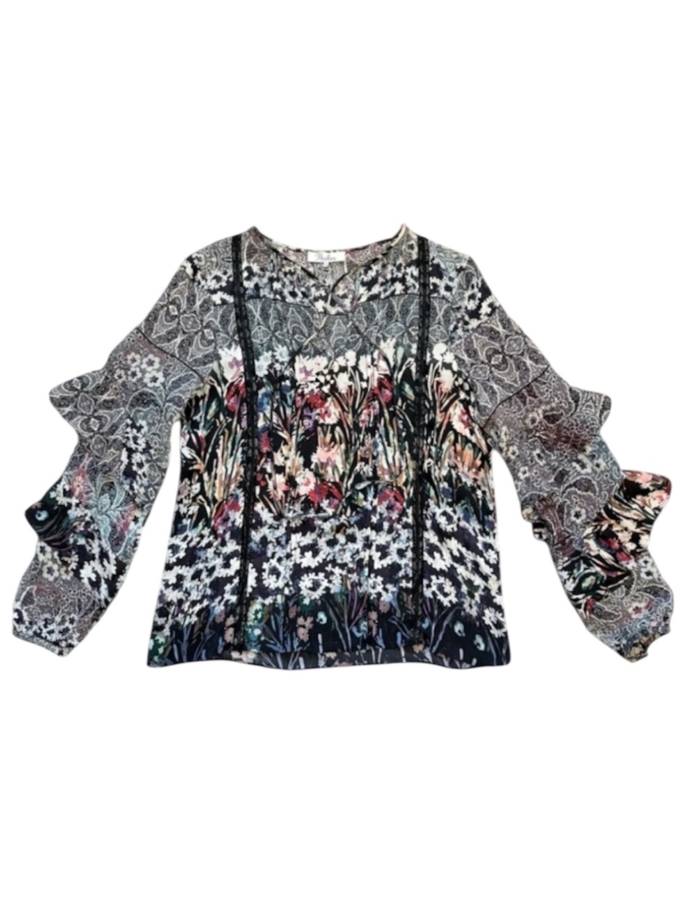 Parker 100% Silk Floral Paisley Long Ruffle Sleeve Boho Blouse Size Medium